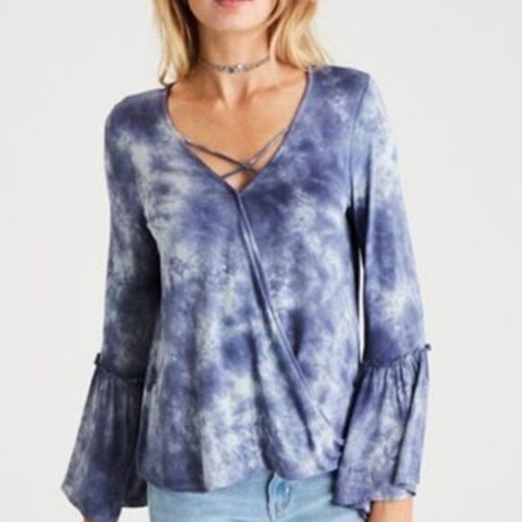 AEO Soft & Sexy Bell Sleeve Blue Tie Dye Top Women's S Cross Front V Neck - Picture 1 of 10